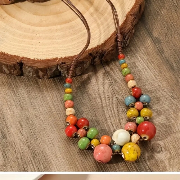 NECKLACE CERAMIC Beads Bohemian  Beaded Adjustable Necklace Tribal Colorful🍬 - Picture 4 of 7